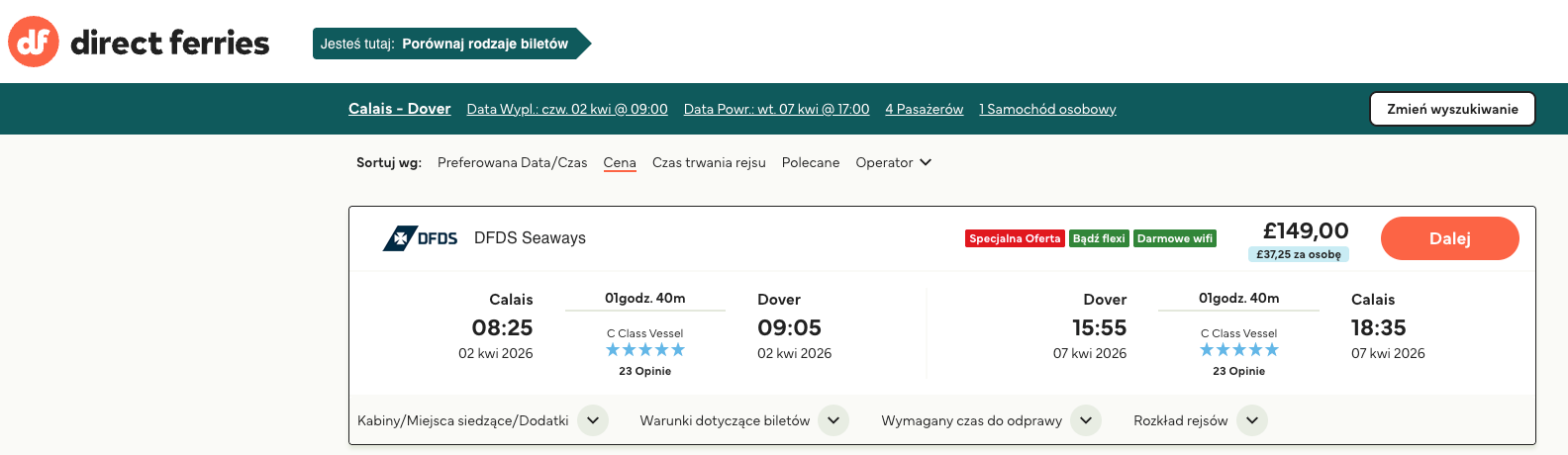 Ceny biletów na prom, najkorzystniej sprawdzać w porównywarce, bowiem różnica w cenie na konkretny dzień bywa znaczące pomiędzy poszczególnymi przewoźnikami. 