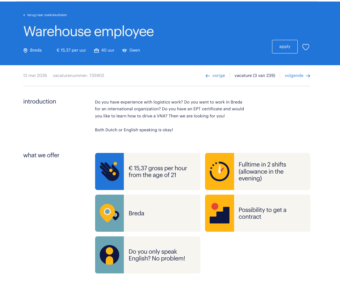 Jedna z wielu ofert pracy w Holandii, gdzie język niderlandzki nie jest wymagany. Portal Randstad.nl