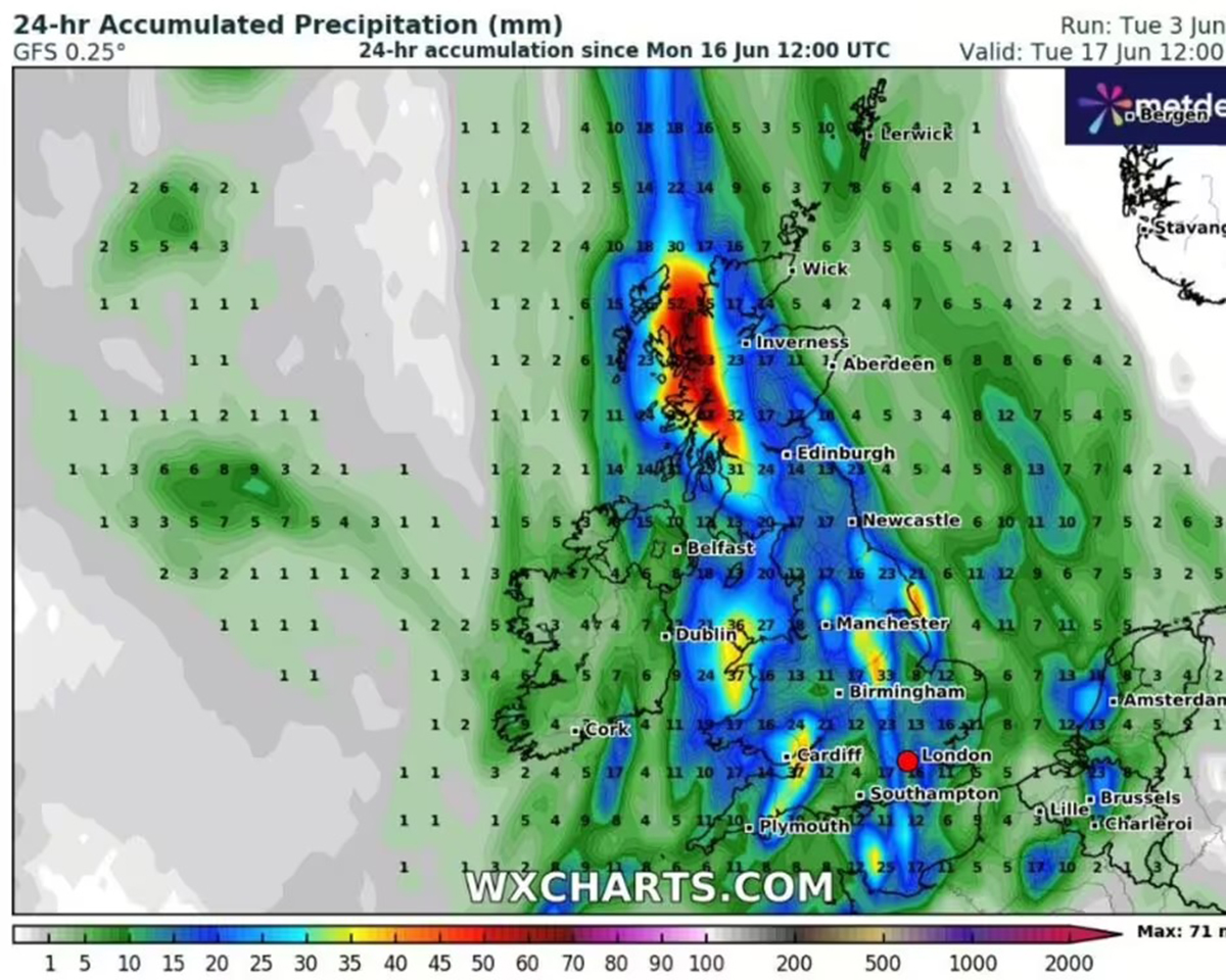 Ogromna ulewa nadciąga nad UK fot. Ogromna ulewa nadciąga nad UK fot. WXCHARTS