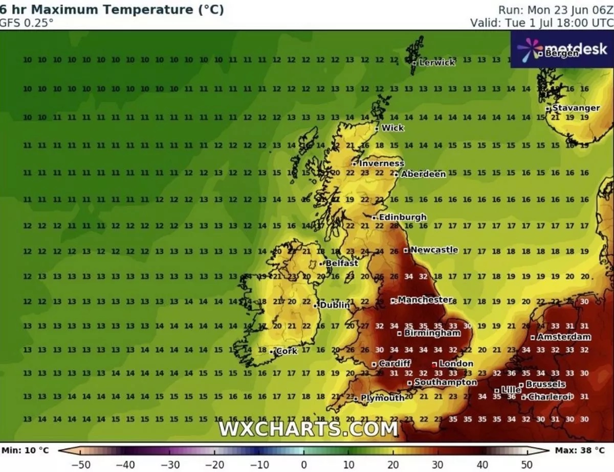 Fala upałów nadciąga nad Wielką Brytanię fot. WXCharts