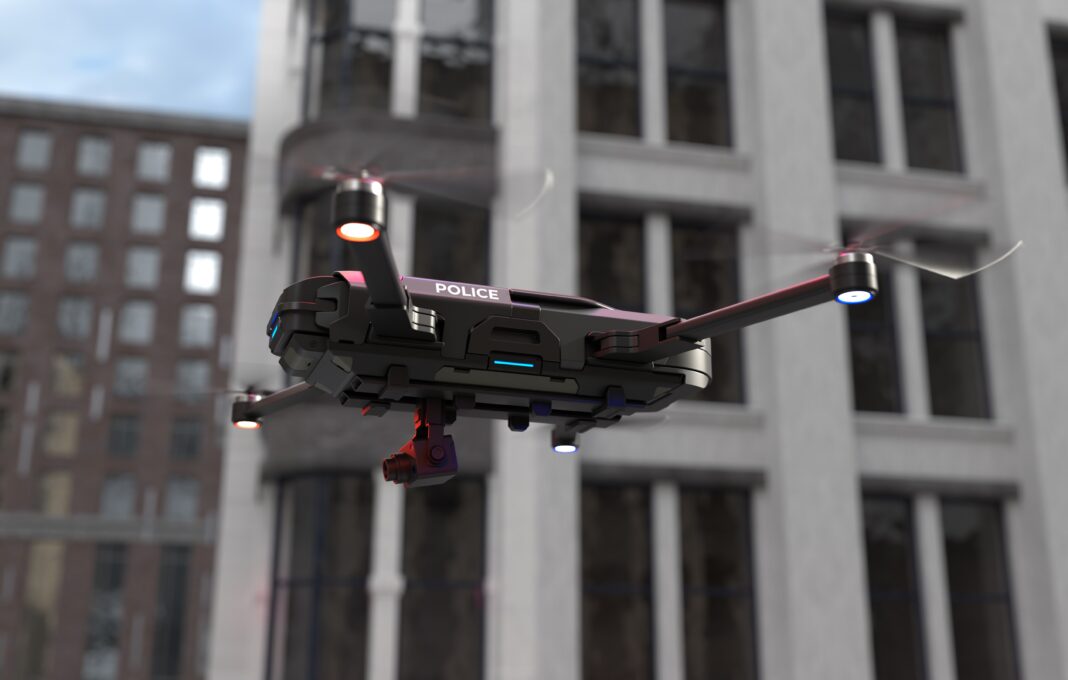 Police,Drones,Patrolling,Urban,Area,,Aerial,Security,Surveillance,By,Drone. policyjne drony