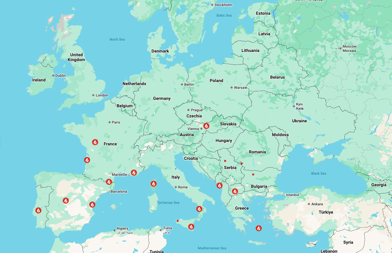 Miejsca pożarów lasów w Europie 2026.