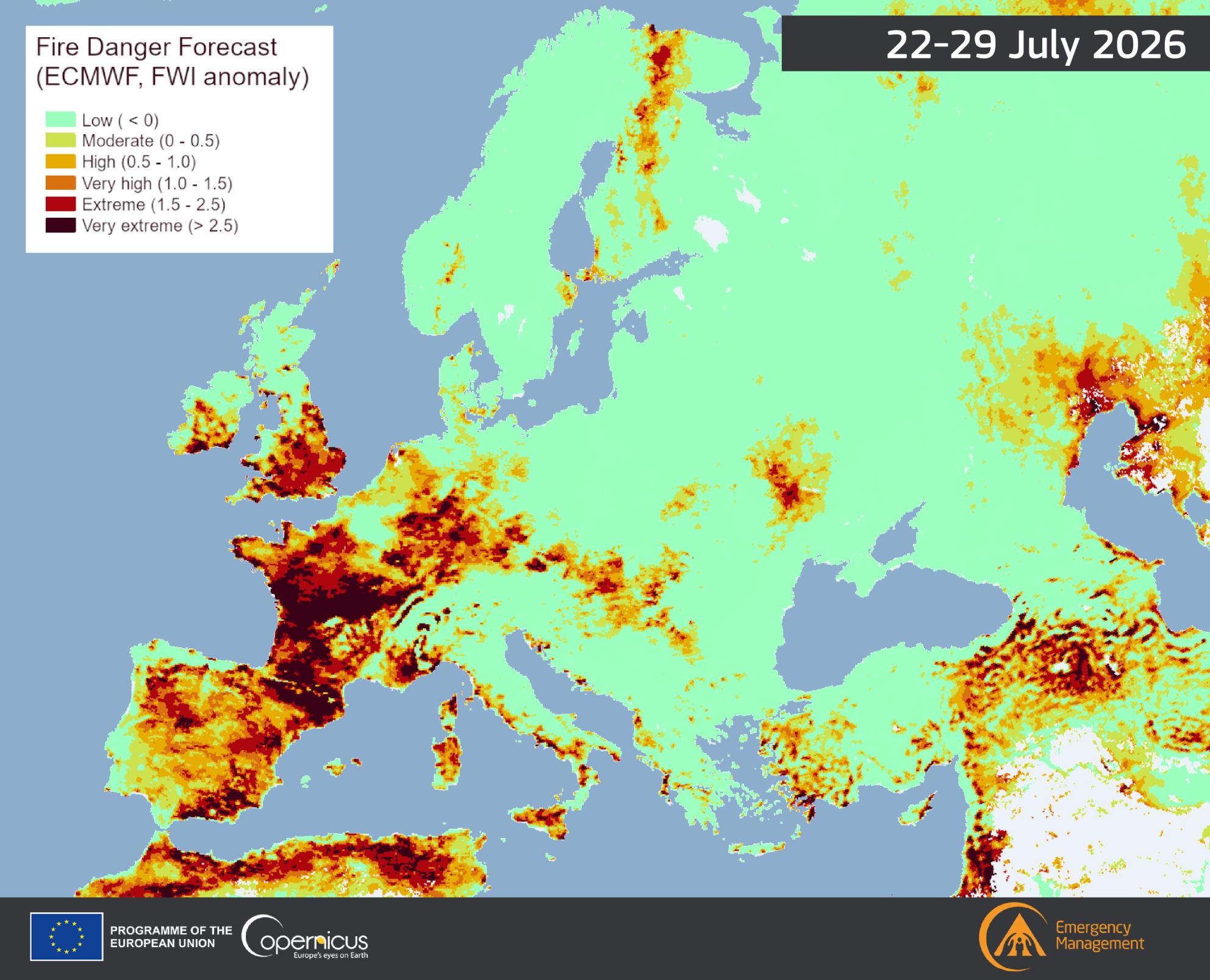 Zagrożenie pożarami w Europie. Źródło: The European Forest Fires Information System (EFFIS). 