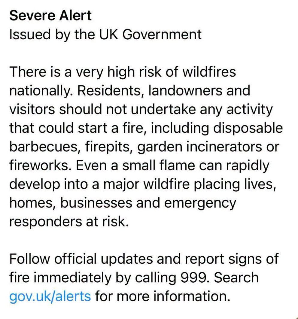 Treść alertu przeciwpożarowego wysłana przez rząd brytyjski. Wildfire alert wywołał panikę na Wyspach.