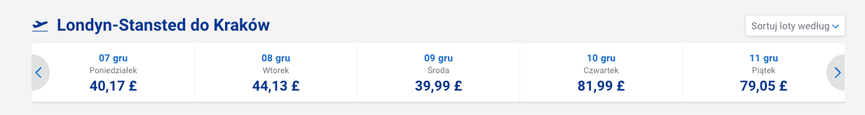 Ceny biletów Ryanair na lot Stansted-Kraków na początku grudnia.